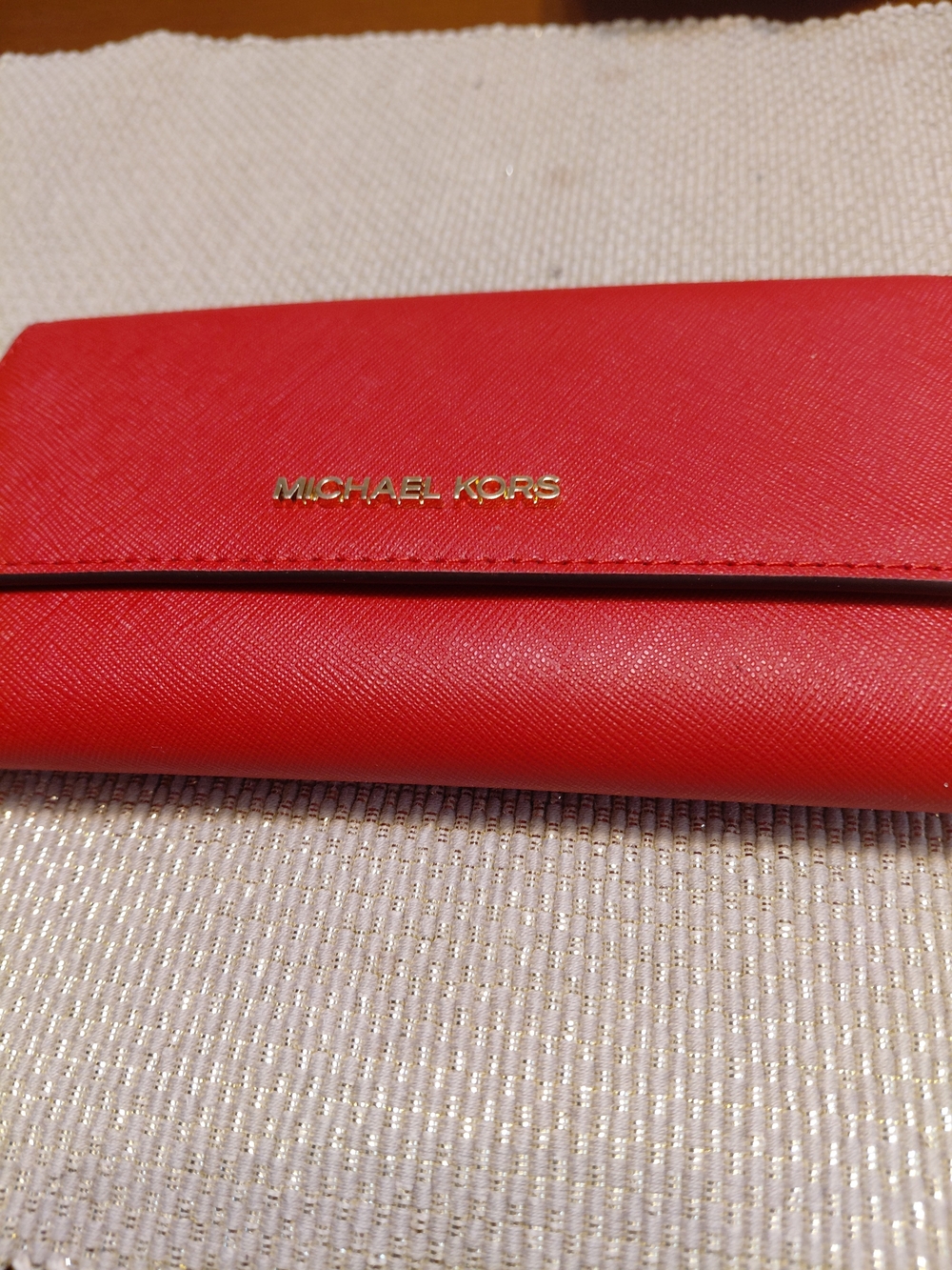 Michael Kors Red Saffiano Leather Card Holder with Gold Logo